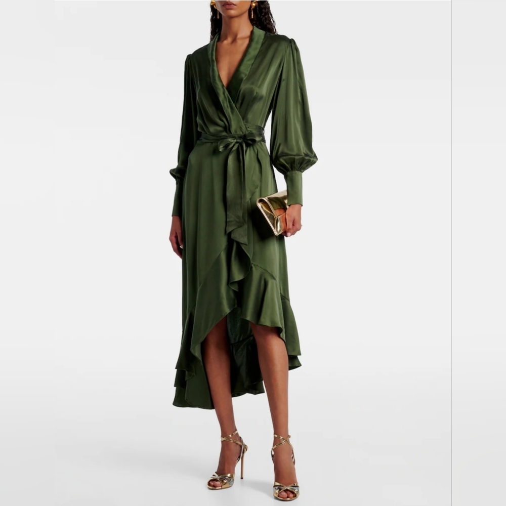 Zimmermann Silk Satin Wrap Midi Dress Green Long Sleeve Belted Size 0 US 4